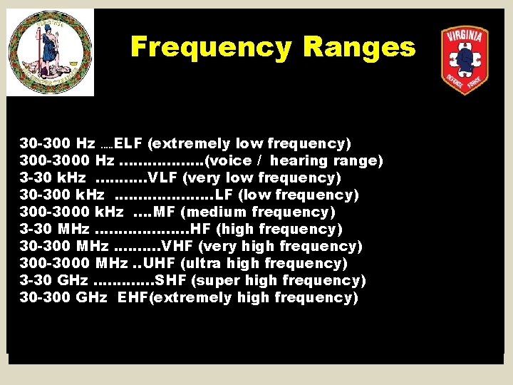 Frequency Ranges 30 -300 Hz. . . ELF (extremely low frequency) 300 -3000 Hz.