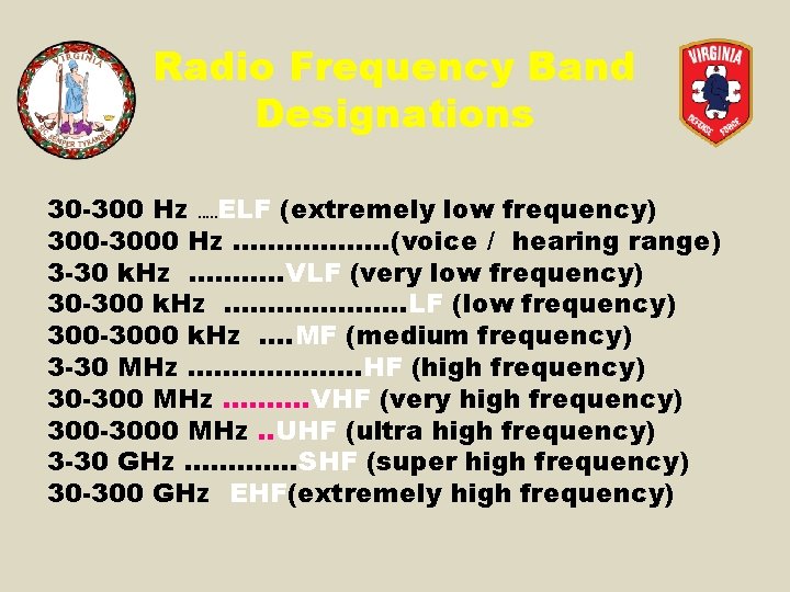 Radio Frequency Band Designations 30 -300 Hz. . . ELF (extremely low frequency) 300