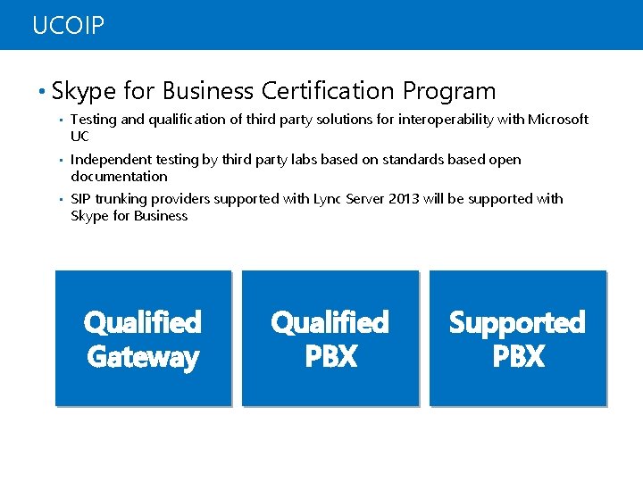 UCOIP • Skype for Business Certification Program • Testing and qualification of third party