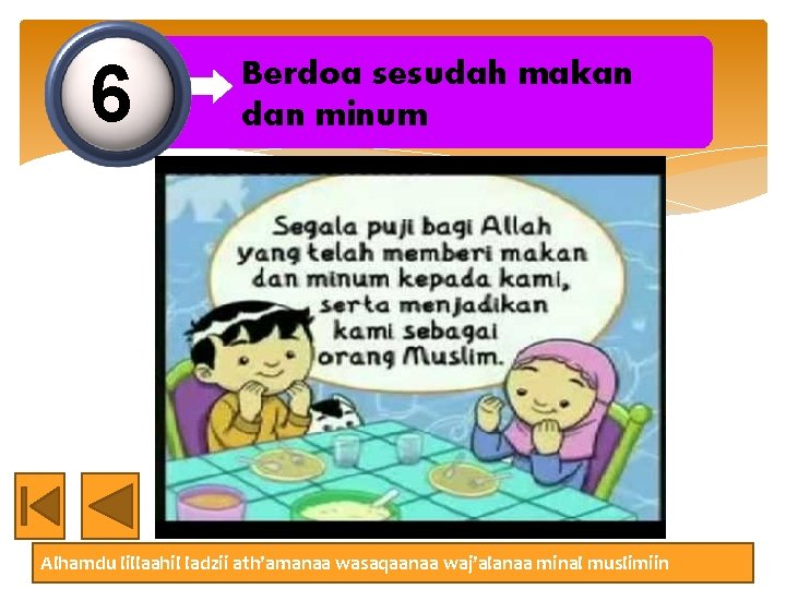 6 Berdoa sesudah makan dan minum Alhamdu lillaahil ladzii ath’amanaa wasaqaanaa waj’alanaa minal muslimiin