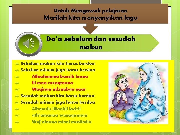 Untuk Mengawali pelajaran Marilah kita menyanyikan lagu Do’a sebelum dan sesudah makan Sebelum makan