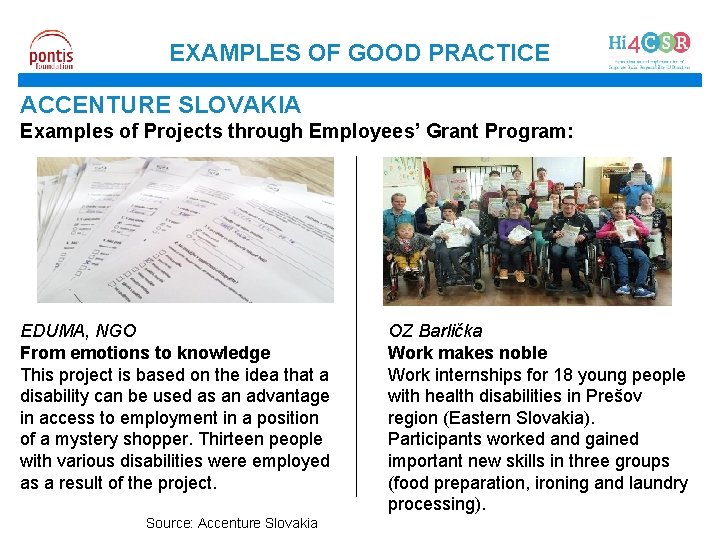 EXAMPLES OF GOOD PRACTICE ACCENTURE SLOVAKIA Examples of Projects through Employees’ Grant Program: EDUMA,