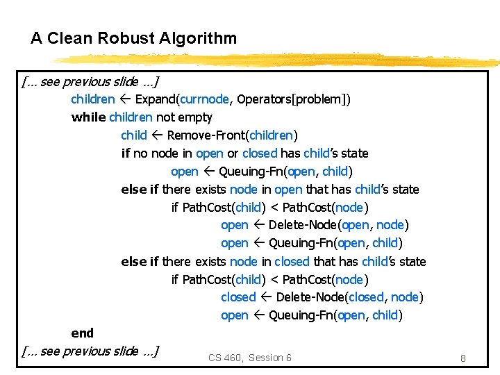 A Clean Robust Algorithm [… see previous slide …] children Expand(currnode, Operators[problem]) while children