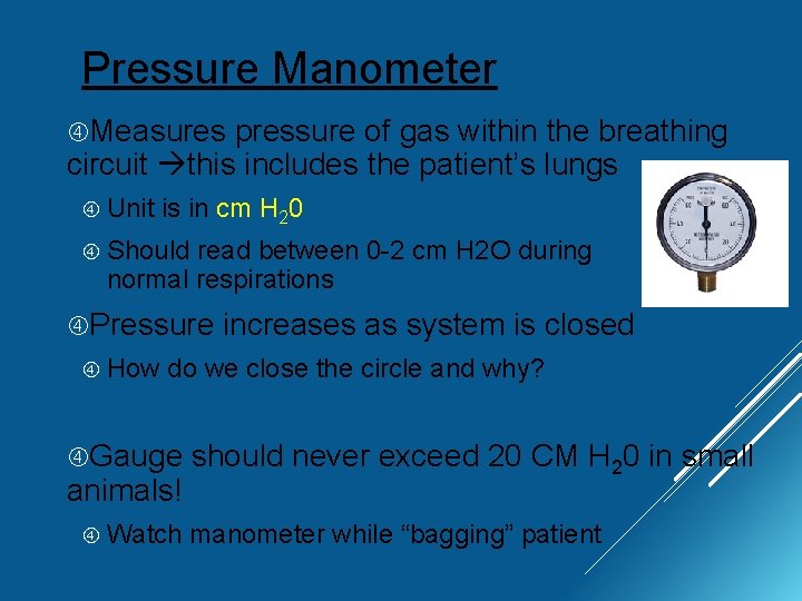 Pressure Manometer Measures pressure of gas within the breathing circuit this includes the patient’s