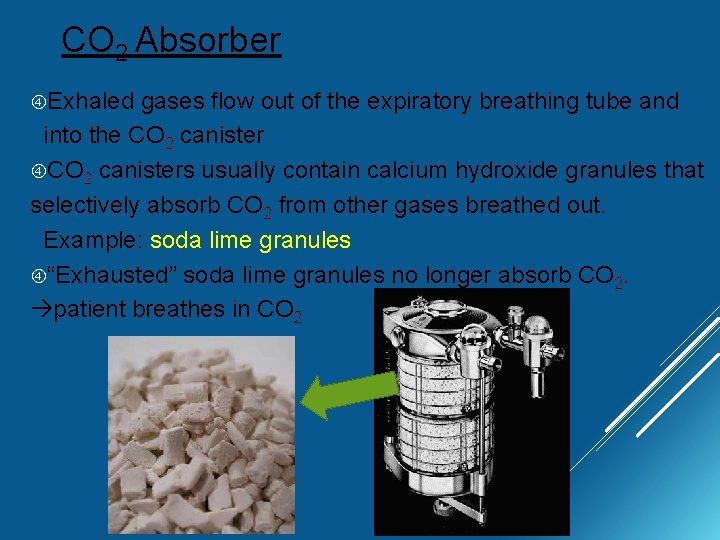 CO 2 Absorber Exhaled gases flow out of the expiratory breathing tube and into