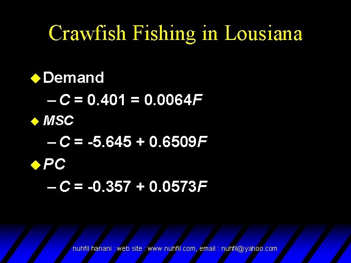 Crawfish Fishing in Lousiana u Demand – C = 0. 401 = 0. 0064