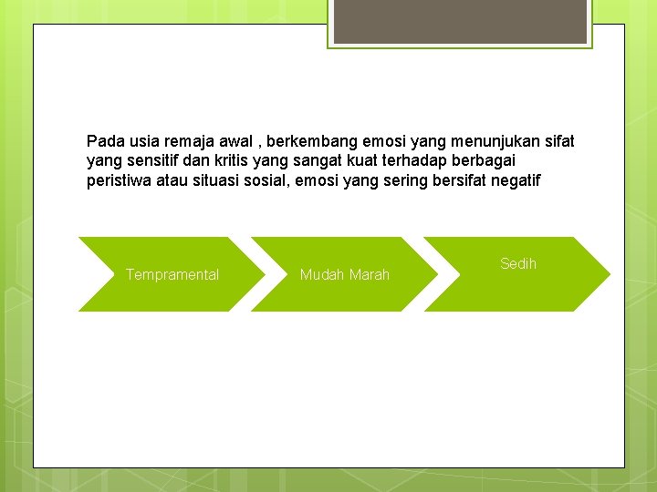 Pada usia remaja awal , berkembang emosi yang menunjukan sifat yang sensitif dan kritis