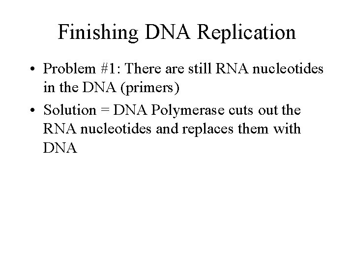 Finishing DNA Replication • Problem #1: There are still RNA nucleotides in the DNA