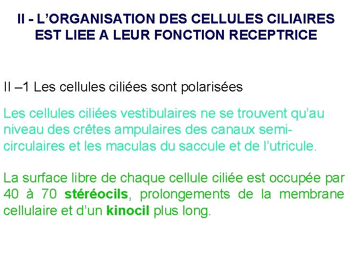 II - L’ORGANISATION DES CELLULES CILIAIRES EST LIEE A LEUR FONCTION RECEPTRICE II –