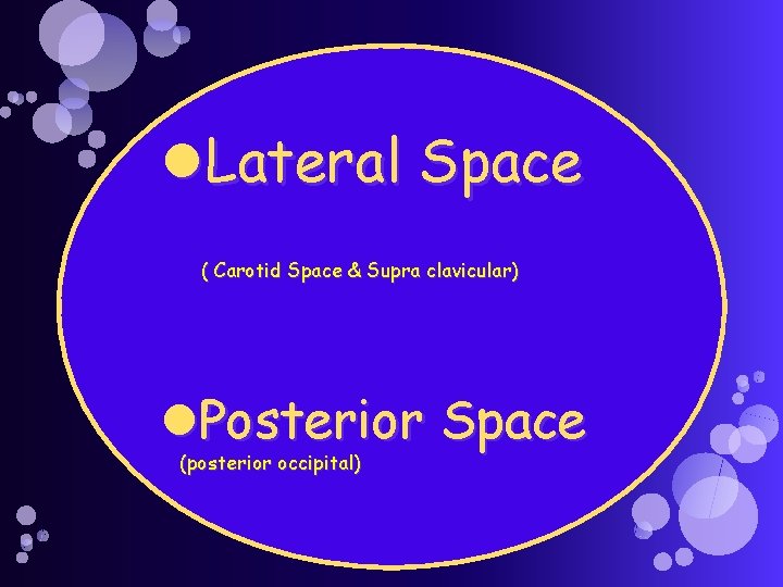  Lateral Space ( Carotid Space & Supra clavicular) Posterior Space (posterior occipital) 