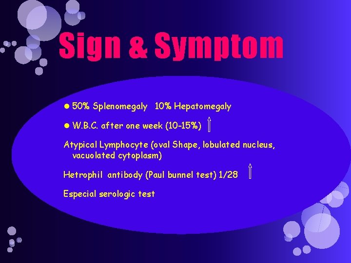 Sign & Symptom 50% Splenomegaly 10% Hepatomegaly W. B. C. after one week (10