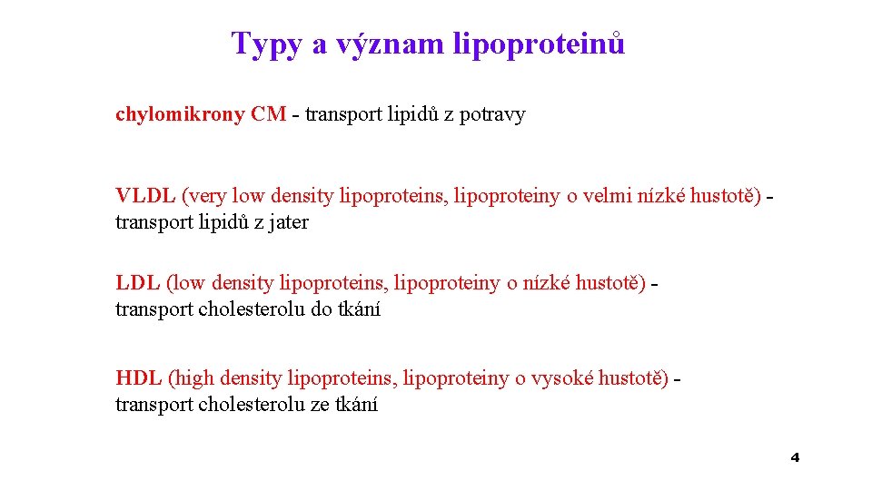 Typy a význam lipoproteinů chylomikrony CM - transport lipidů z potravy VLDL (very low