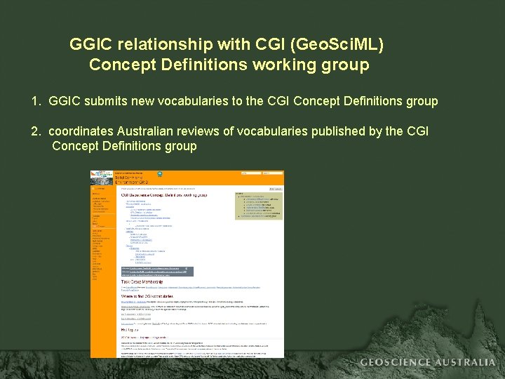 GGIC relationship with CGI (Geo. Sci. ML) Concept Definitions working group 1. GGIC submits