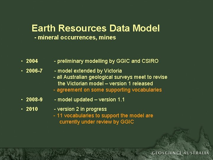 Earth Resources Data Model - mineral occurrences, mines • 2004 - preliminary modelling by