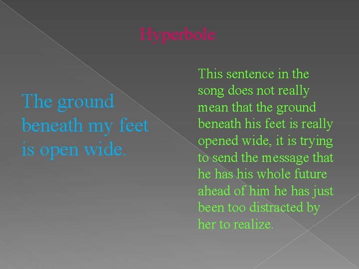 Hyperbole The ground beneath my feet is open wide. This sentence in the song