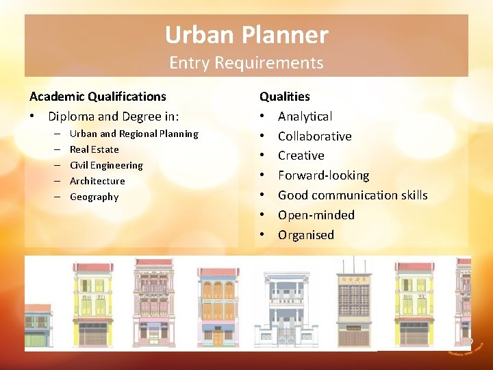 Urban Planner Entry Requirements Academic Qualifications • Diploma and Degree in: – – –