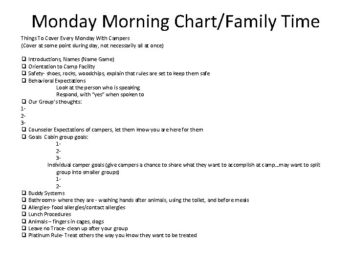 Monday Morning Chart/Family Time Things To Cover Every Monday With Campers (Cover at some