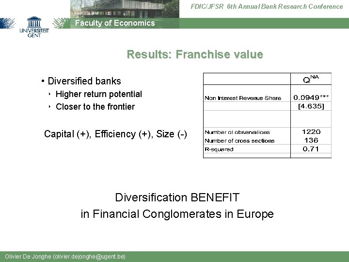 FDIC/JFSR 6 th Annual Bank Research Conference Faculty of Economics Results: Franchise value •