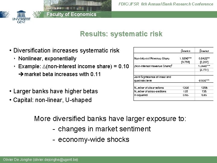 FDIC/JFSR 6 th Annual Bank Research Conference Faculty of Economics Results: systematic risk •