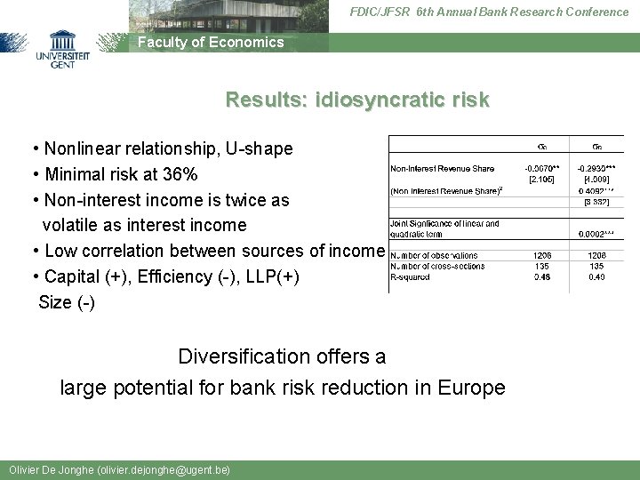 FDIC/JFSR 6 th Annual Bank Research Conference Faculty of Economics Results: idiosyncratic risk •