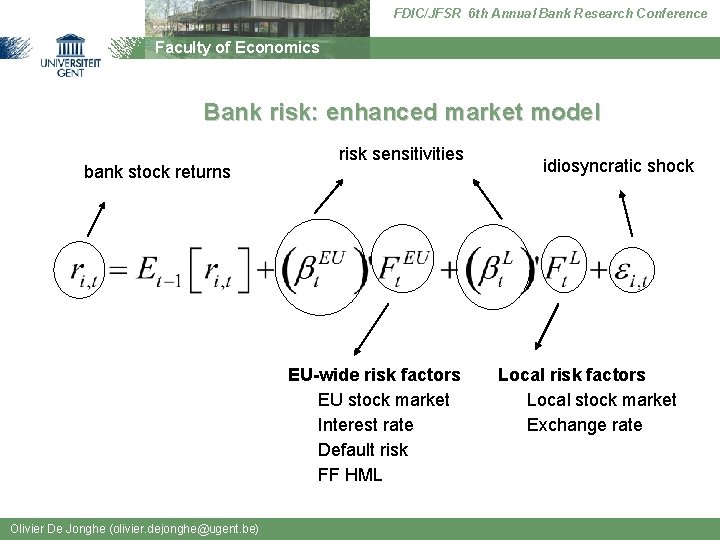 FDIC/JFSR 6 th Annual Bank Research Conference Faculty of Economics Bank risk: enhanced market