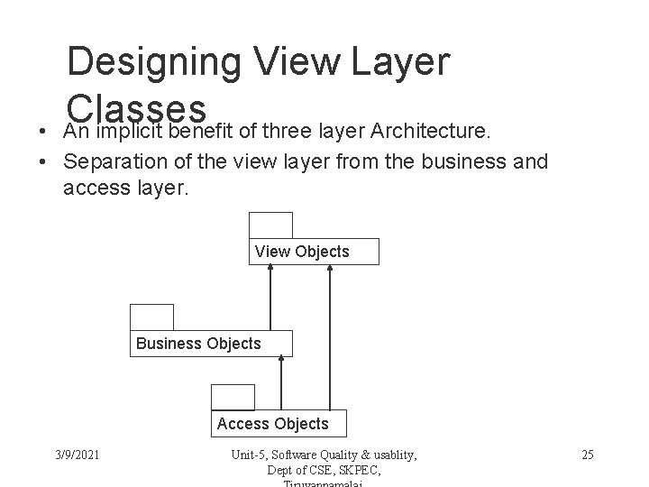 Designing View Layer Classes An implicit benefit of three layer Architecture. • • Separation