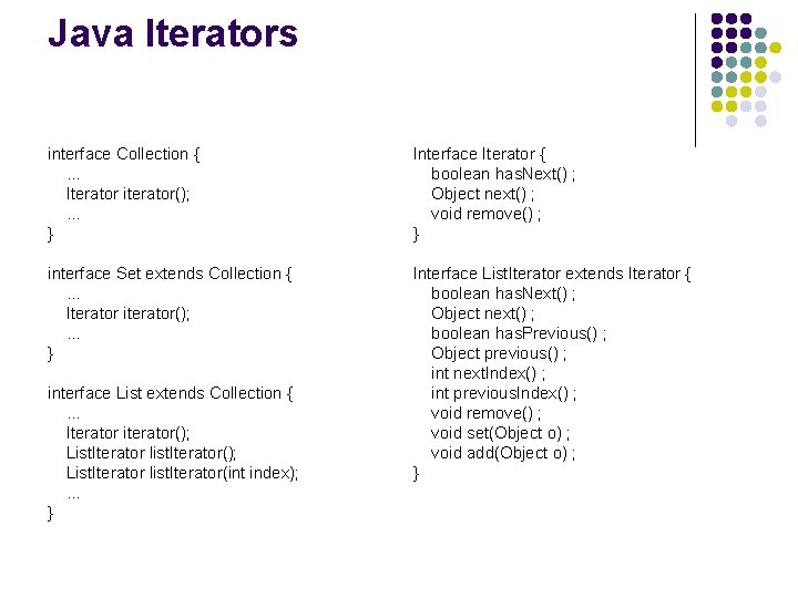 Java Iterators interface Collection { … Iterator iterator(); … } Interface Iterator { boolean