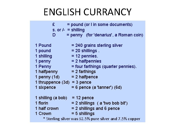 ENGLISH CURRANCY £ = pound (or l in some documents) s. or /- =