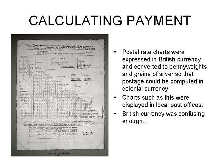 CALCULATING PAYMENT • Postal rate charts were expressed in British currency and converted to