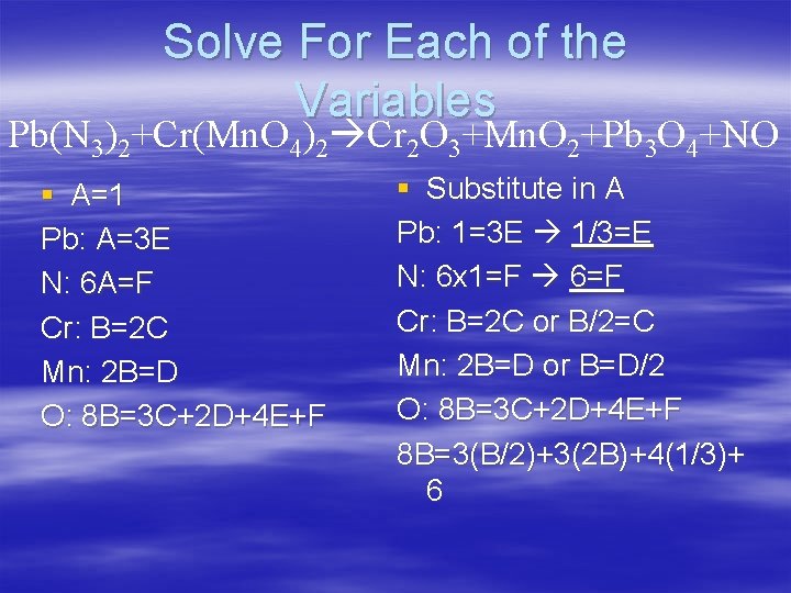 Solve For Each of the Variables Pb(N 3)2+Cr(Mn. O 4)2 Cr 2 O 3+Mn.