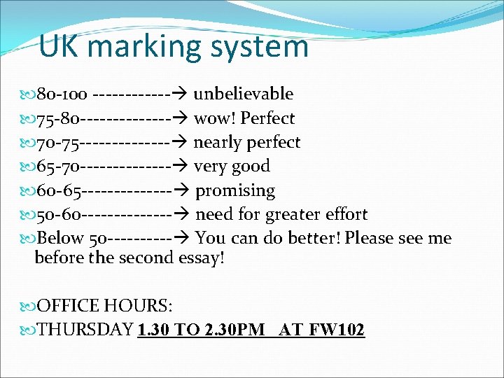 UK marking system 80 -100 ------ unbelievable 75 -80 ------- wow! Perfect 70 -75