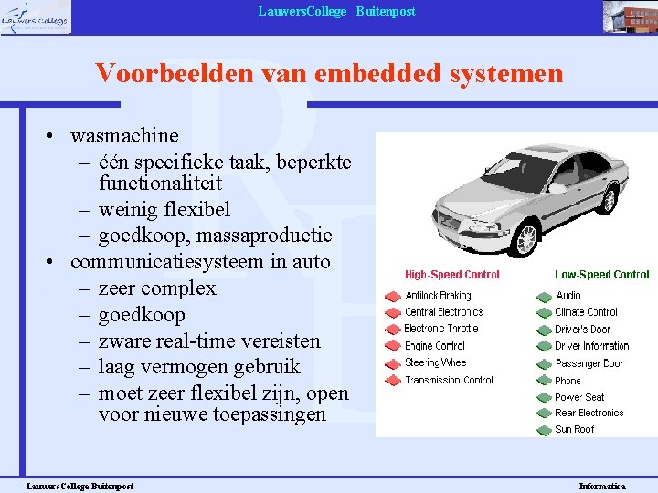 Lauwers. College Buitenpost Voorbeelden van embedded systemen • wasmachine – één specifieke taak, beperkte