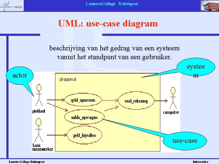 Lauwers. College Buitenpost UML: use-case diagram beschrijving van het gedrag van een systeem vanuit