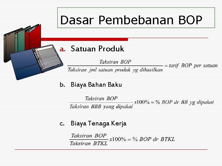 Dasar Pembebanan BOP a. Satuan Produk b. Biaya Bahan Baku c. Biaya Tenaga Kerja