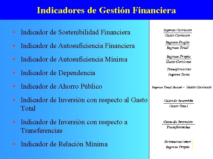 Indicadores de Gestión Financiera • Indicador de Sostenibilidad Financiera • Indicador de Autosuficiencia Mínima