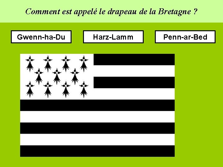 Comment est appelé le drapeau de la Bretagne ? Gwenn-ha-Du Harz-Lamm Penn-ar-Bed 