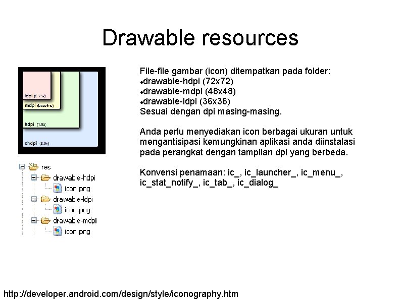 Drawable resources File-file gambar (icon) ditempatkan pada folder: drawable-hdpi (72 x 72) drawable-mdpi (48