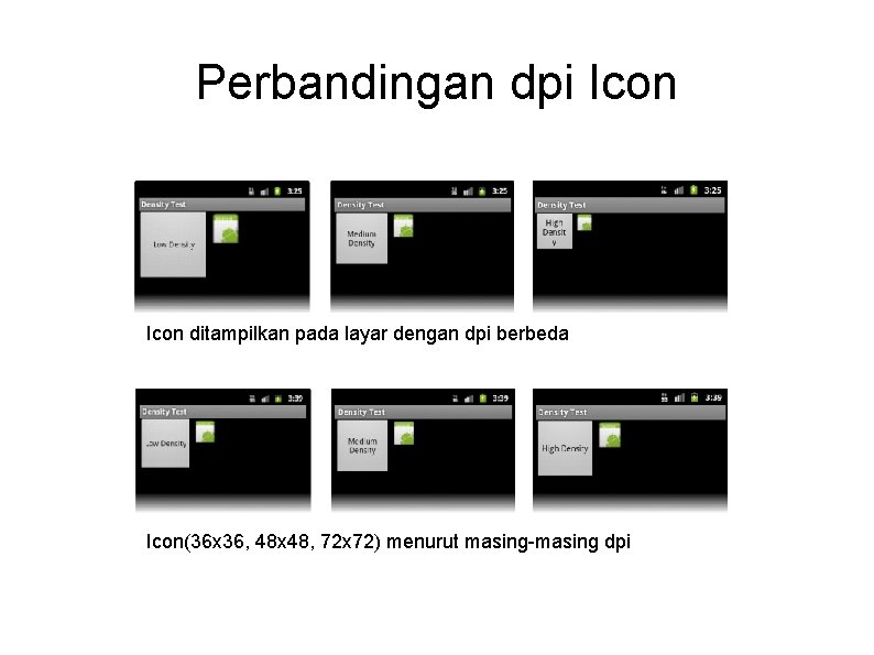 Perbandingan dpi Icon ditampilkan pada layar dengan dpi berbeda Icon(36 x 36, 48 x