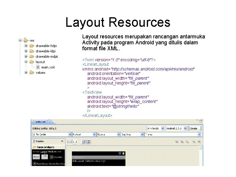 Layout Resources Layout resources merupakan rancangan antarmuka Activity pada program Android yang ditulis dalam