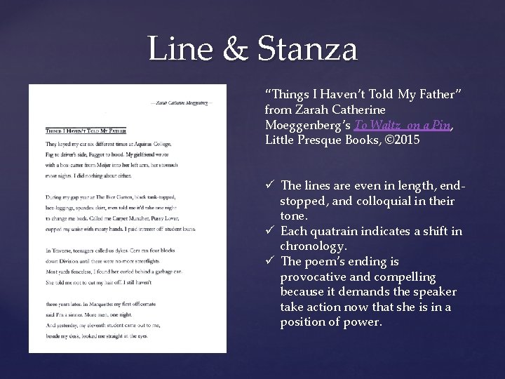 Line & Stanza “Things I Haven’t Told My Father” from Zarah Catherine Moeggenberg’s To