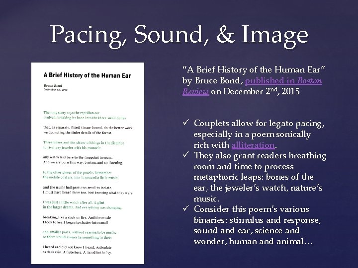 Pacing, Sound, & Image “A Brief History of the Human Ear” by Bruce Bond,