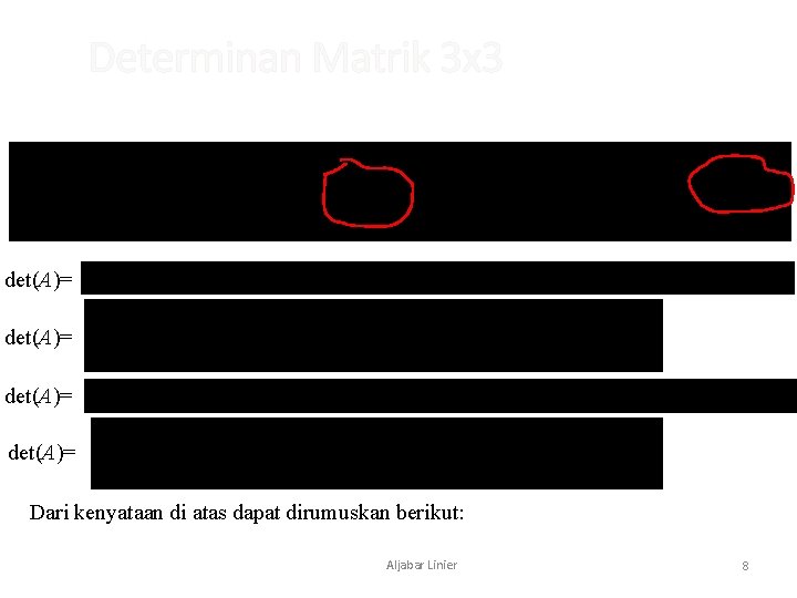 Determinan Matrik 3 x 3 det(A)= Dari kenyataan di atas dapat dirumuskan berikut: Aljabar Determinan Matrik 3 x 3 det(A)= Dari kenyataan di atas dapat dirumuskan berikut: Aljabar