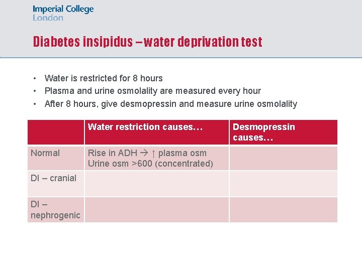 Diabetes insipidus – water deprivation test • Water is restricted for 8 hours •