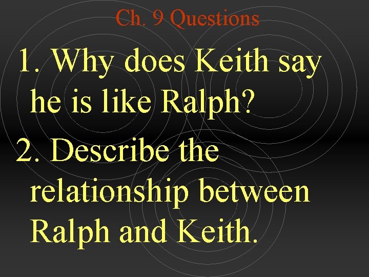 Ch. 9 Questions 1. Why does Keith say he is like Ralph? 2. Describe