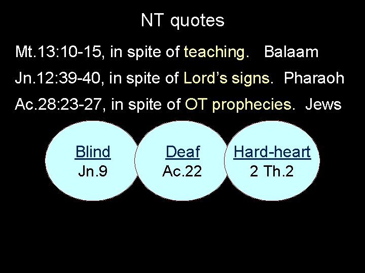 NT quotes Mt. 13: 10 -15, in spite of teaching. Balaam Jn. 12: 39