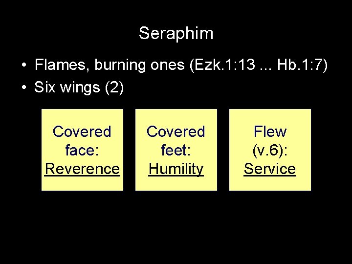 Seraphim • Flames, burning ones (Ezk. 1: 13. . . Hb. 1: 7) •