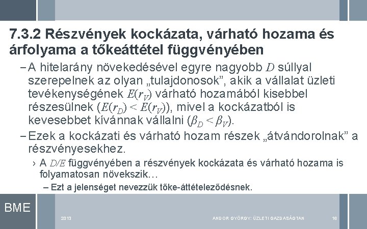 7. 3. 2 Részvények kockázata, várható hozama és árfolyama a tőkeáttétel függvényében – A