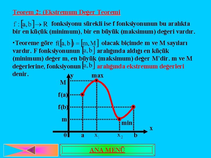 Teorem 2: (Ekstremum Değer Teoremi fonksiyonu sürekli ise f fonksiyonunun bu aralıkta bir en