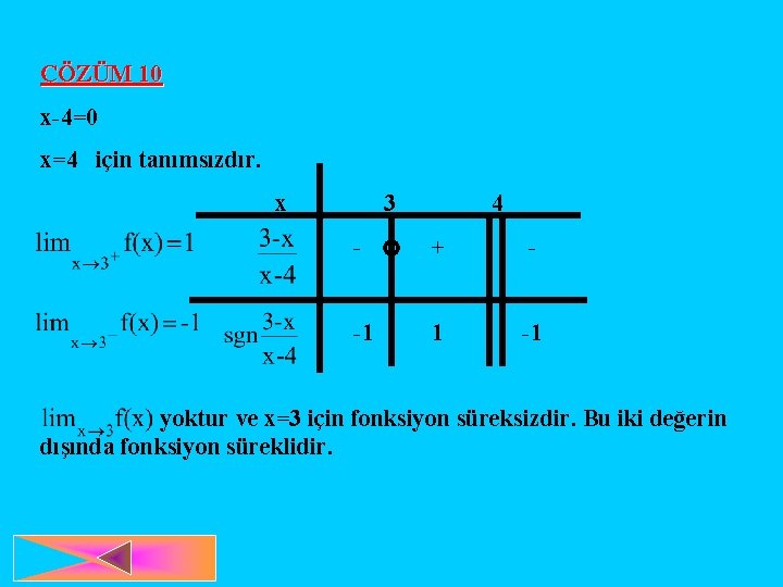 ÇÖZÜM 10 x-4=0 x=4 için tanımsızdır. x 3 4 - + - -1 1