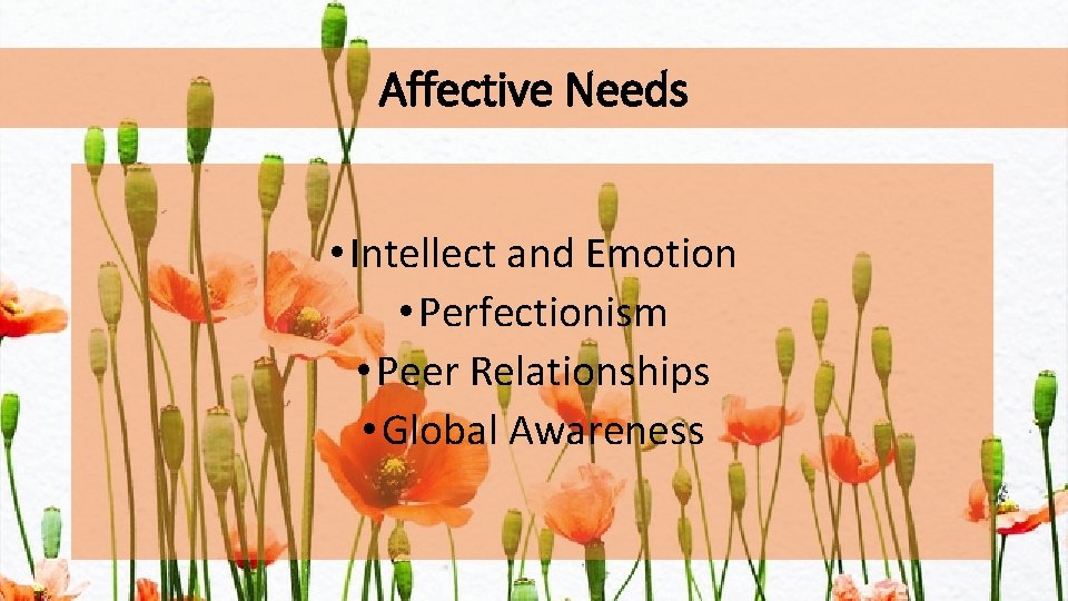 Affective Needs • Intellect and Emotion • Perfectionism • Peer Relationships • Global Awareness